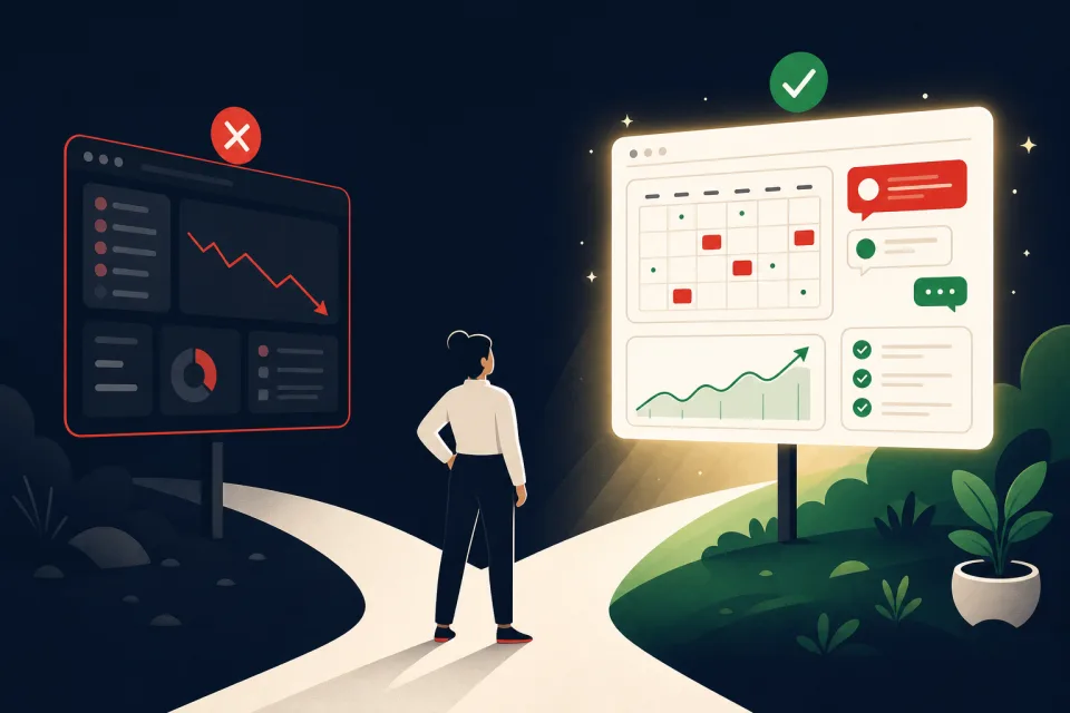 A business owner choosing between a failing dashboard and an organized CRM with a full booking calendar, chat replies and rising revenue