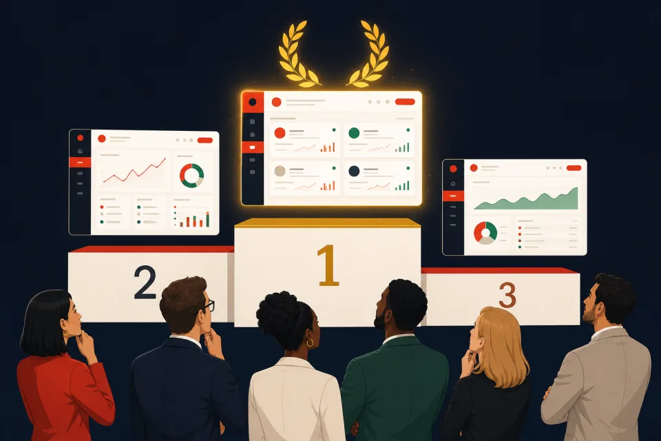 Business people evaluating three ranked software dashboards, the top pick glowing with a gold laurel