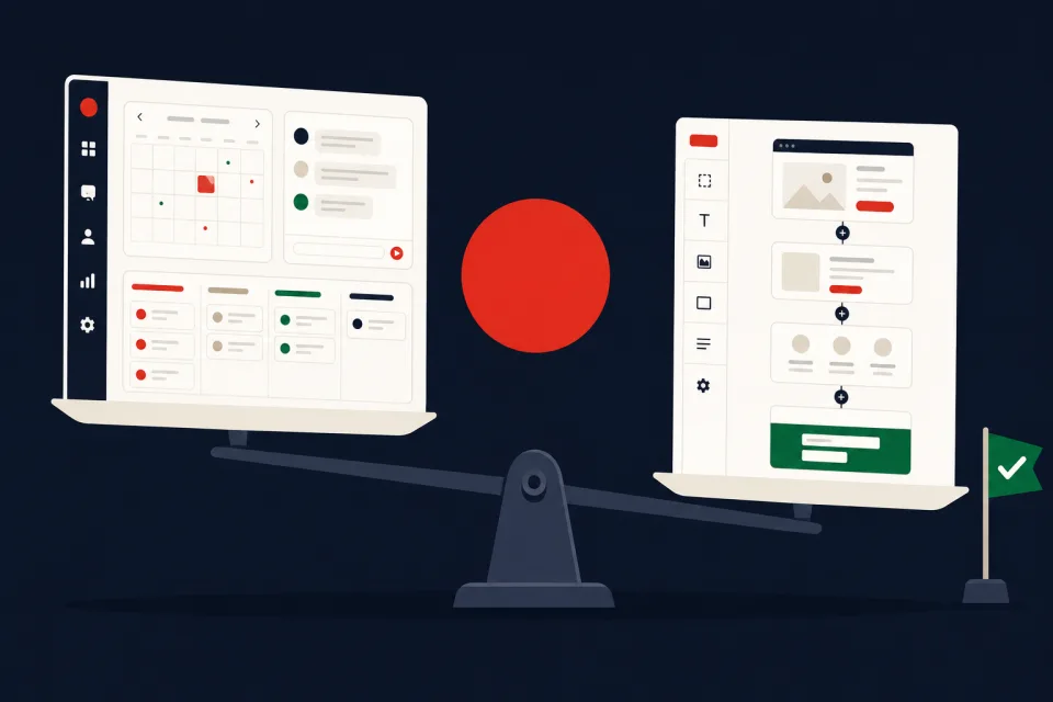 Two software dashboards weighed on a balance scale, one tipping toward a green checkmark flag