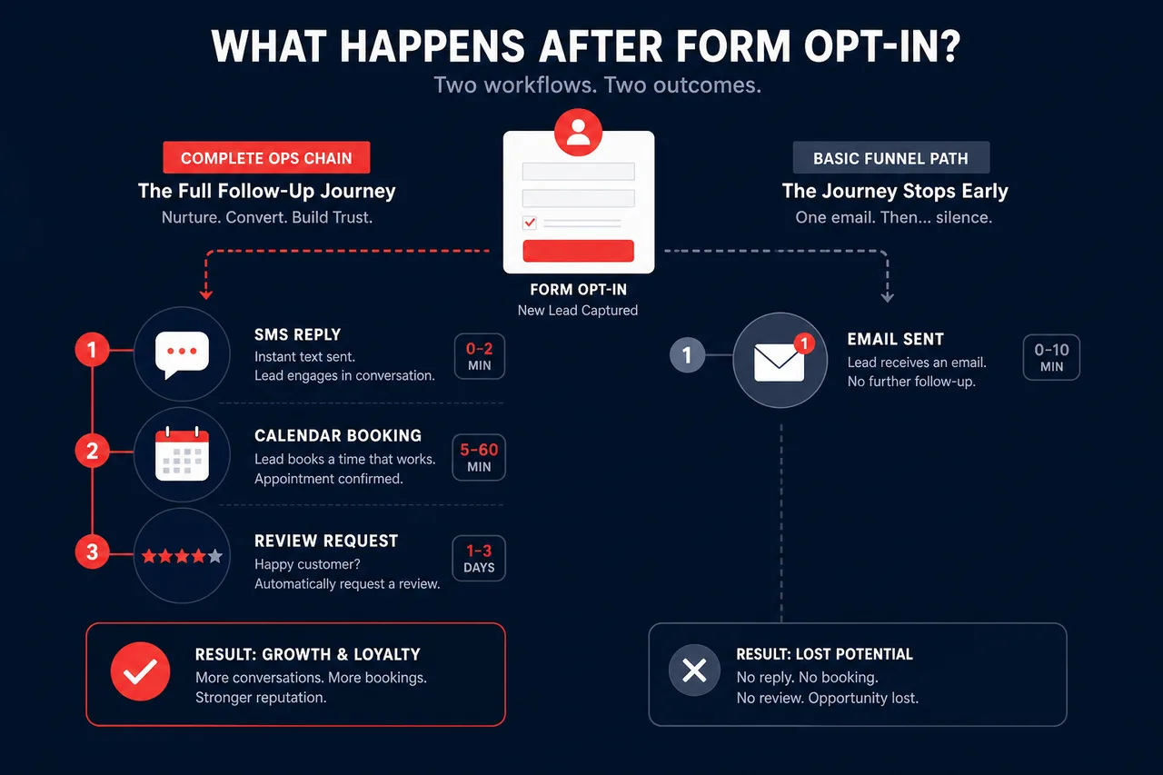 Workflow diagram: after a form opt-in, one path continues with SMS, booking, and review requests while the other stops at the funnel page