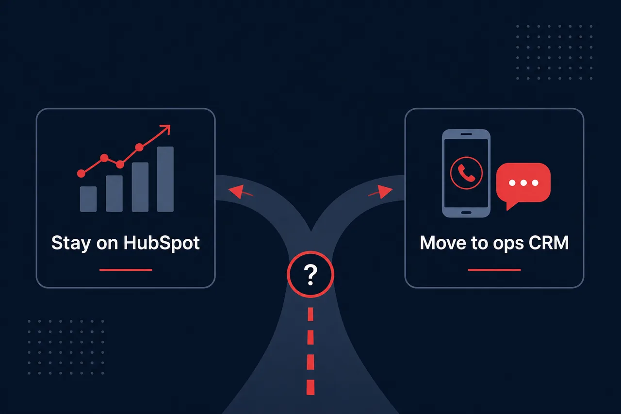 Fork diagram showing a stay-on-reporting-CRM path versus move-to-ops-CRM path with phone and SMS follow-up