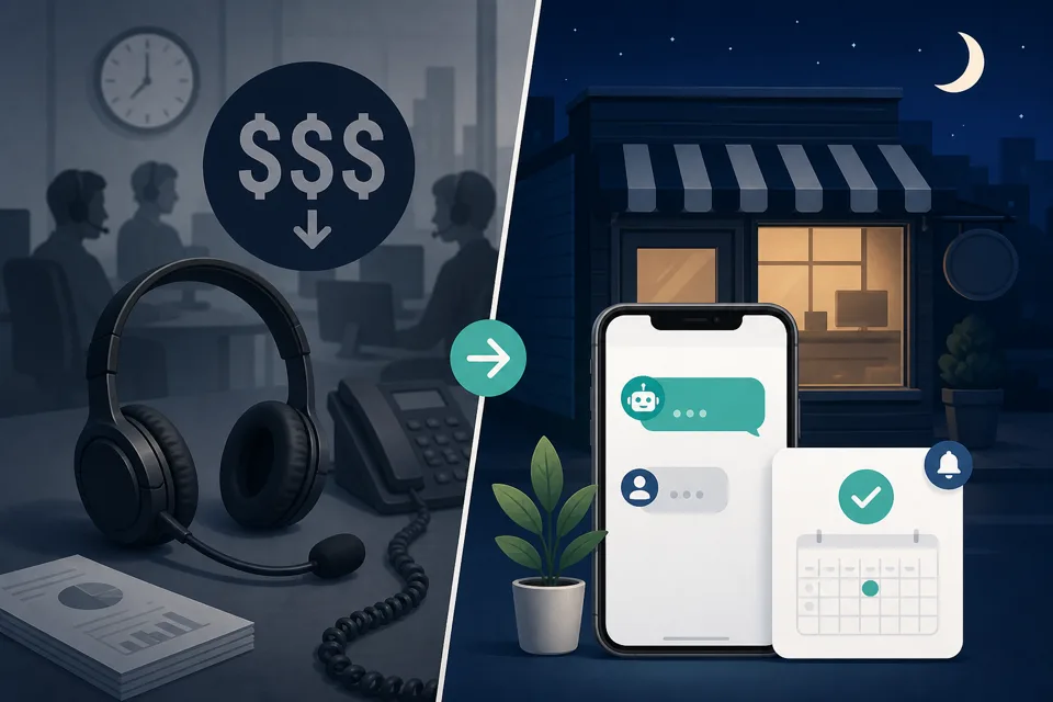 Comparison of an expensive live answering service versus instant SMS and calendar booking automation after business hours