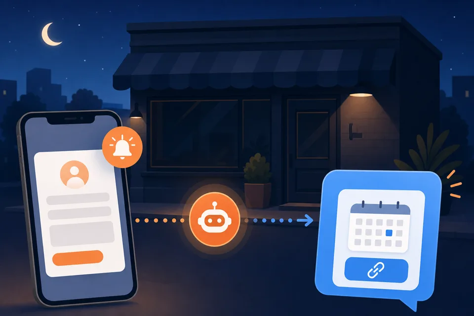 A closed small business at night with an incoming lead notification and an instant automated SMS reply offering a booking link