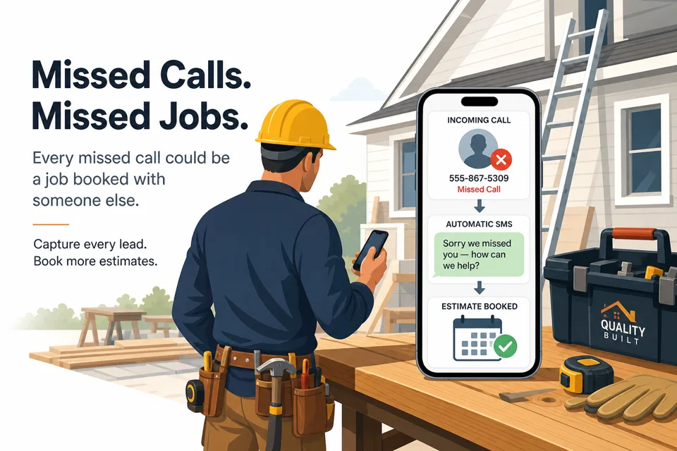 A contractor on a job site whose missed call triggers an automatic SMS that books an estimate