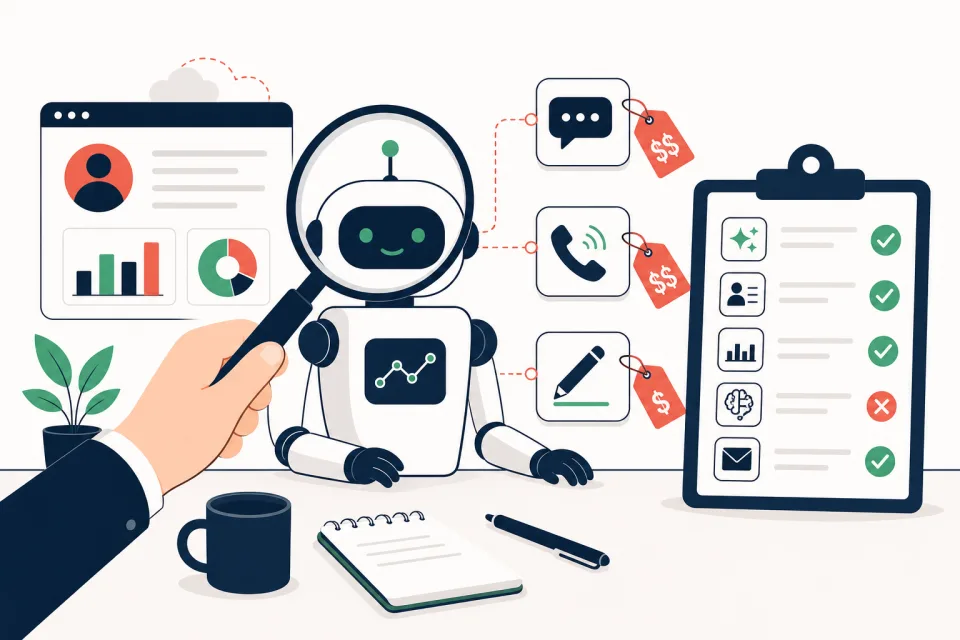 A robot assistant being examined with a magnifying glass, price tags on its chat, voice and content modules, next to a checklist with passes and one fail