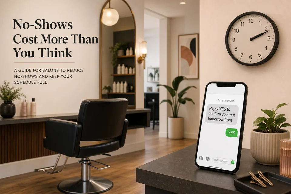 Empty salon styling chair beside a smartphone showing an appointment confirmation reminder text