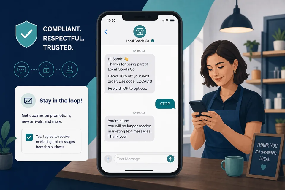 Smartphone showing a compliant business text thread with a STOP opt-out reply and a consent checkbox on a booking form