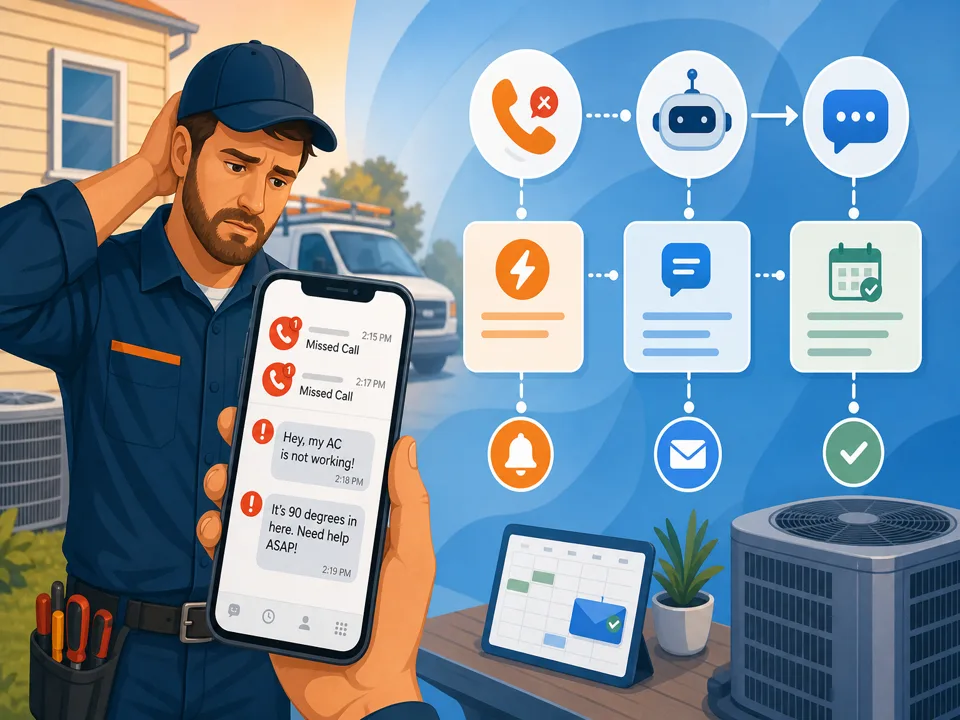 HVAC contractor phone showing missed emergency calls and an automation workflow sending instant SMS replies and booking service appointments