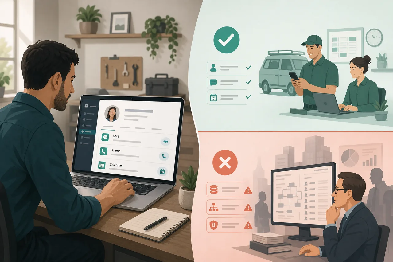 Is GoHighLevel a good CRM? Illustration of an operational CRM with SMS, booking, and pipeline for small and mid-size businesses
