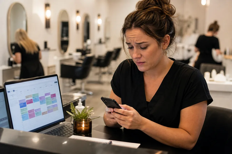 Small business owner at a reception desk manually typing appointment reminder texts on a smartphone beside a laptop calendar