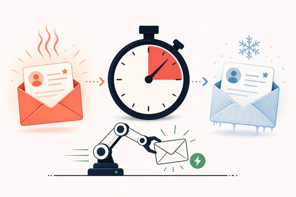 A stopwatch marking five minutes between a hot new lead and the same lead gone cold, with a robot arm catching a fresh lead instantly