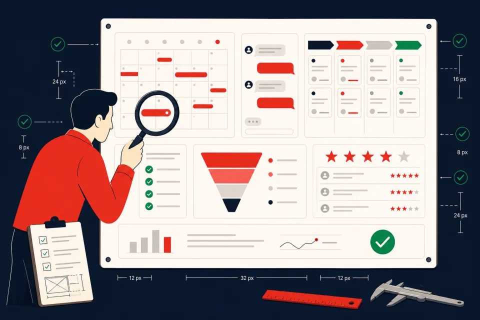 Reviewer inspecting an all-in-one CRM dashboard with a magnifying glass — calendar, SMS chat, pipeline and funnel under measurement