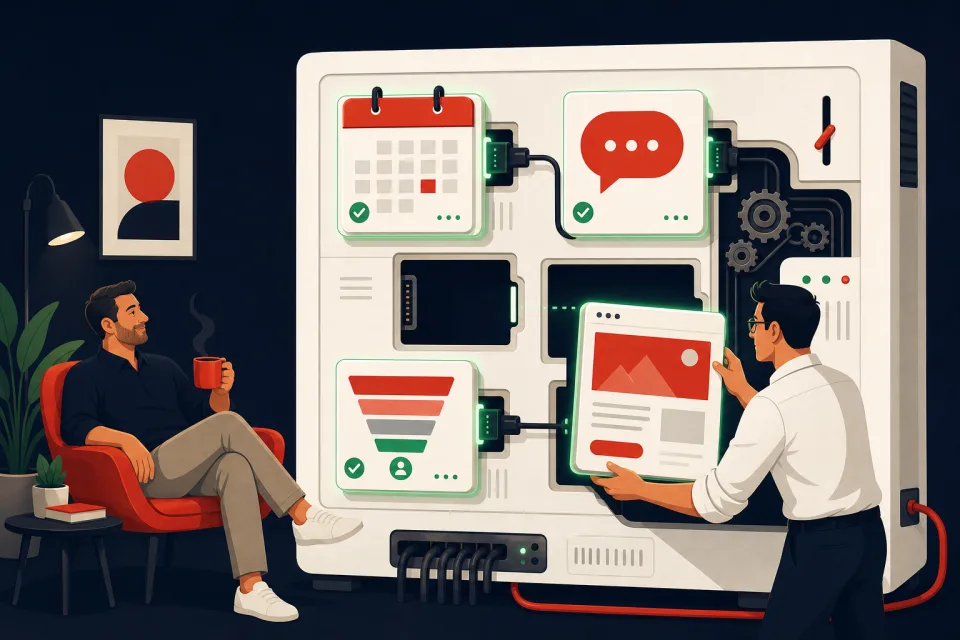 A technician plugging calendar, chat, pipeline and funnel modules into a dashboard while the business owner relaxes with a coffee