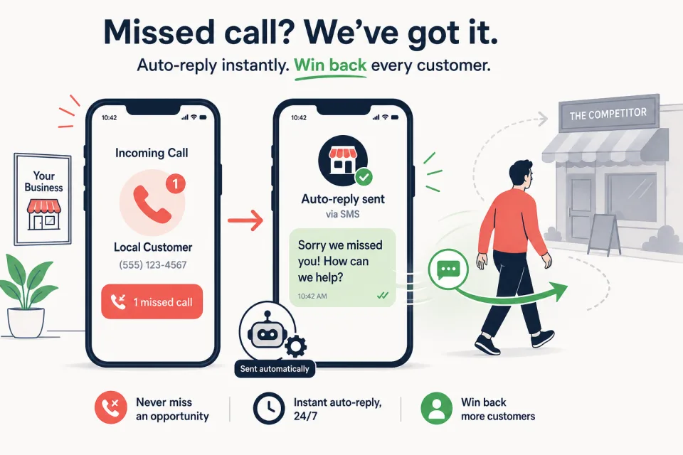 A missed call on a business phone triggering an automatic SMS reply that wins the customer back before they reach a competitor